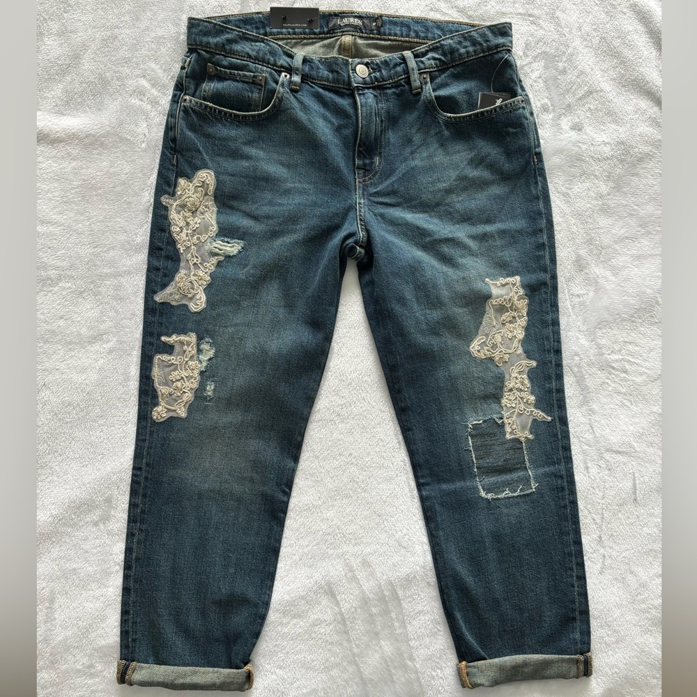 LAUREN RALPH LAUREN Lace Patchwork Relaxed Tapered Cropped Jeans--NWT--8P